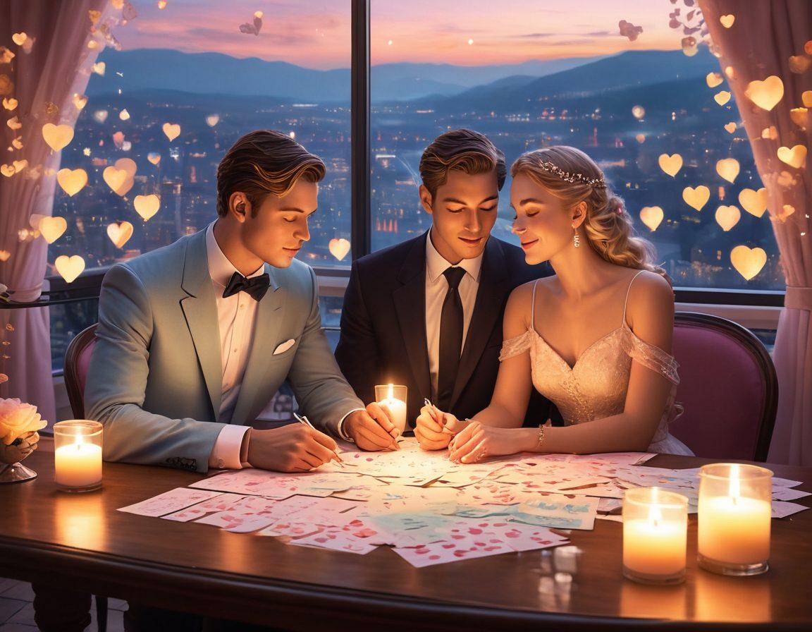 An elegant couple sitting at a candlelit table, exchanging love notes and discussing financial plans, surrounded by floating hearts and dollar signs. The background features a dreamy cityscape with twinkling lights symbolizing hope and partnership in finance. The scene is warm and inviting, capturing the essence of intimacy and financial understanding. illustrative art. soft pastel colors. romantic ambiance.