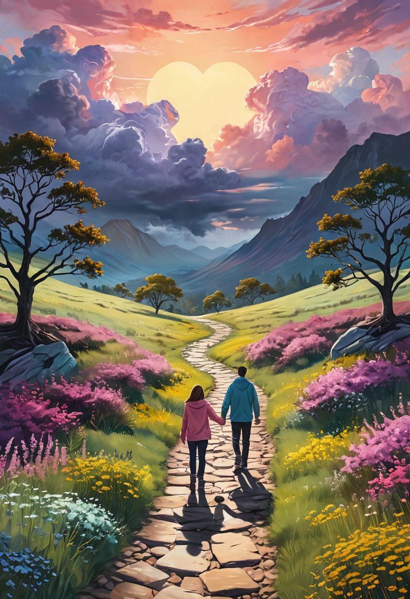 A serene landscape depicting a winding path leading from a dark stormy area symbolizing heartbreak, transitioning to a bright sunny meadow representing financial health. Along the path, heart-shaped rocks transform into golden coins, illustrating debt management. Silhouettes of two people walking together towards the light, hands in hands, embodying support and partnership. Soft pastel colors to evoke hope and renewal. digital painting. vibrant colors.