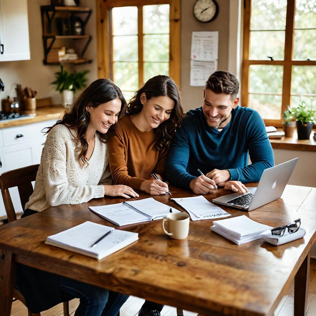A warm, inviting scene of a couple sitting together at a wooden table, reviewing their finances with a laptop open, surrounded by cozy home decor. They're smiling, a calculator and a notepad filled with financial notes in front of them, symbolizing teamwork. Soft, natural light fills the room, creating a sense of connection and hope. Include a subtle heart shape formed by the objects on the table, emphasizing their bond. super-realistic. warm colors. cozy atmosphere.